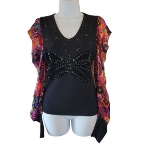 Yuka Womens Black Knit Top L Butterfly Embellished Y2K Whimsigoth Fairy Grunge